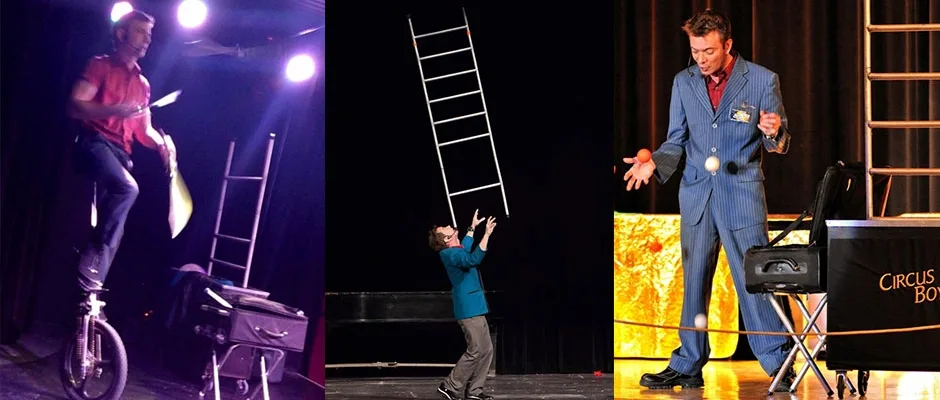 A montage of three of Circus Boy's signature acts